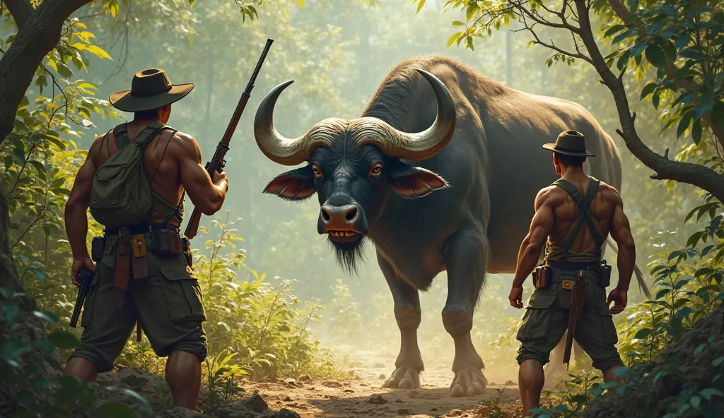 Khao Yao Ngong Mahingsa Wild Buffalo Chasing two Thai hunters holding a gun Ready to dress like a forest traveler With fierce eyes and expressions