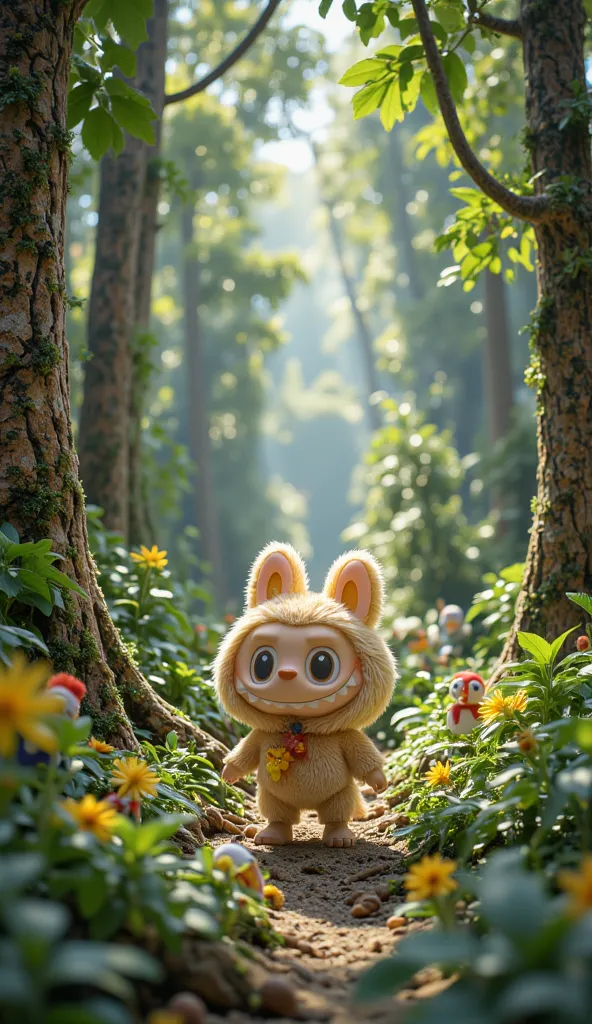 A cheerful creature named Labubu and his small friends step into a dense, magical jungle. Tall trees surround them, and sunlight filters through the leaves. Colorful birds chirp while Labubu looks excited, ready for an adventure.