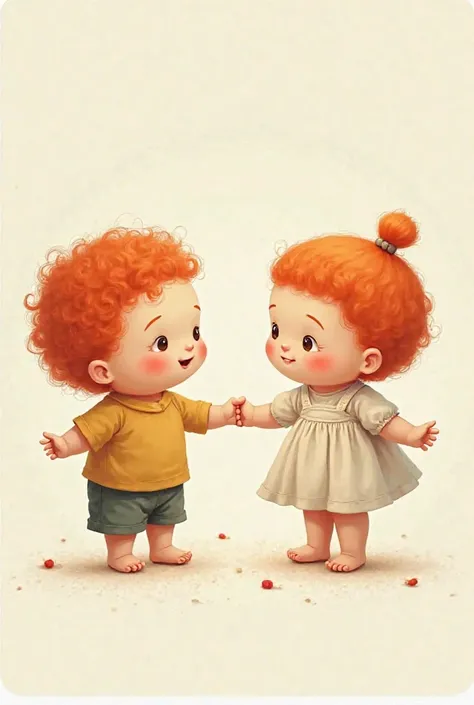 Draw two chubby dolls holding hands , A boy and a girl with red hair 