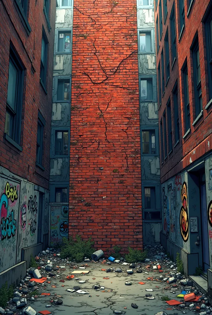 A brick wall in the middle of an alley、 Comic Style