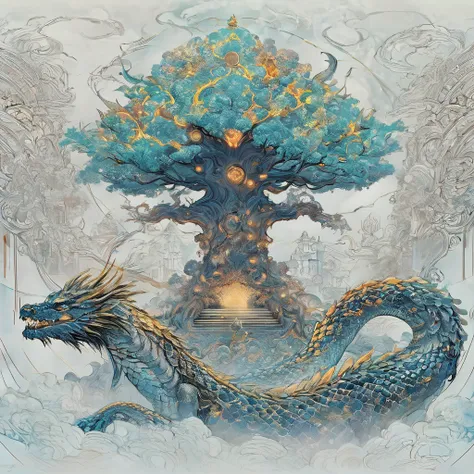   Geometric Model      、     spiral、HD,  masterpiece, high detail,  Super Fine, A giant tree with a big twist、world tree、god々Shii、World Blueprint、御god木、Two Dragons Protecting Trees、