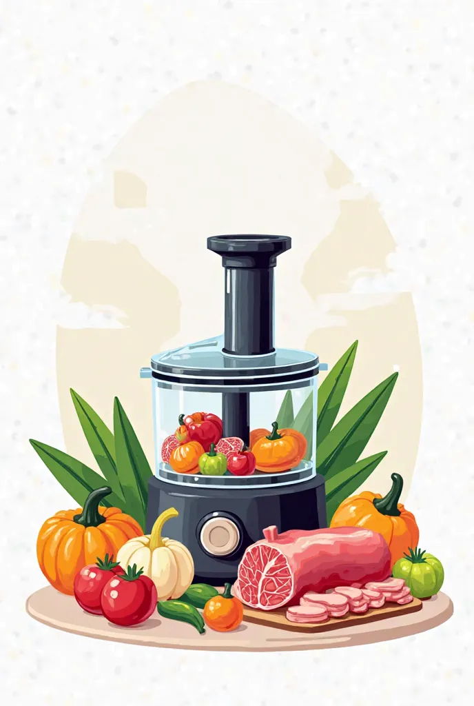 Create a vibrant vector illustration featuring a colorful arrangement of food processer with vegitables and meat inside it against a clean white background, with bold lines, geometric shapes, and subtle textures, highlighting the precision and functionalit...