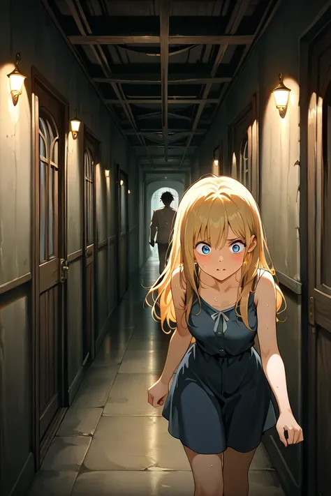 ((((  masterpiece)))), (((( top quality made of straw)))),  high definition,fine grain, detailed faces,1 girl,handsome,long hair, Gold, tense expression,fear,sweat,Inside the Western-style building,corridor, escape,run, anime,