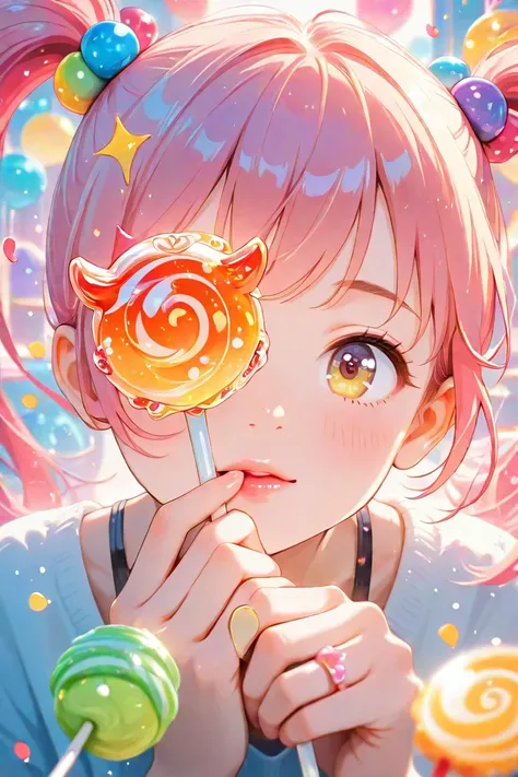  lollipop candies　 illustrations　front　twintails　Hair color is red