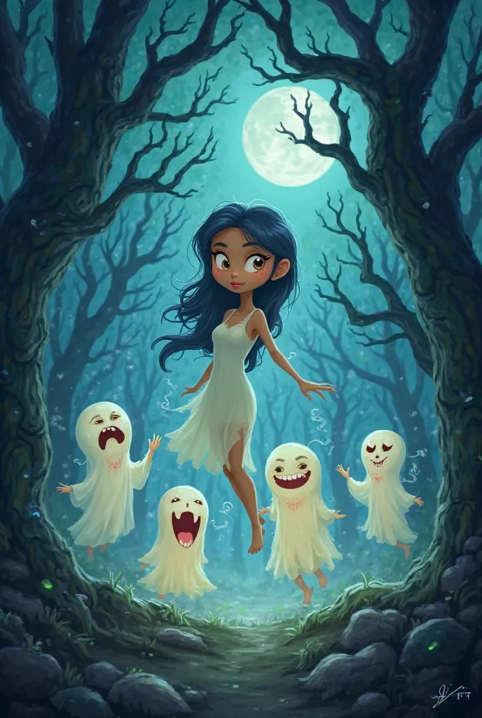 I will create cartoon characters that look like people. Inside that haunted forest, a female ghost Many ghosts are laughing together.