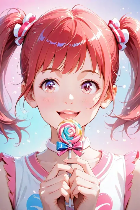  lollipop candies　 illustrations　front　twintails　Hair color is red　 idol