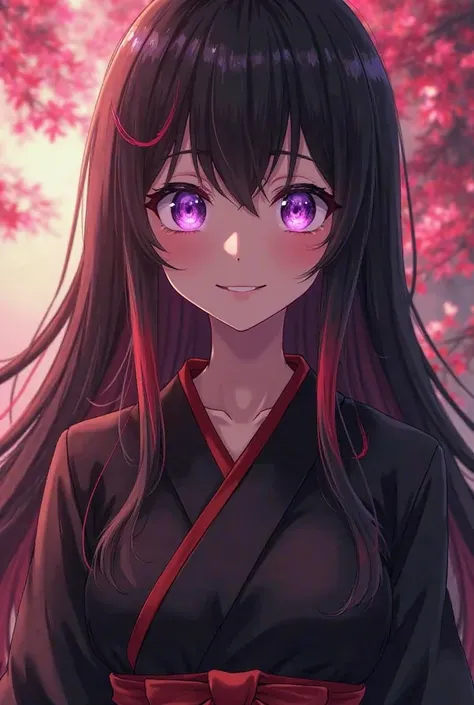  Screenshot demon slayer  , Anime girl black hair with red tips long straight , dressed in a black and red kimono  , lilac eyes ,  with purple sparkles  , a warm smile and a very pretty face , full body 