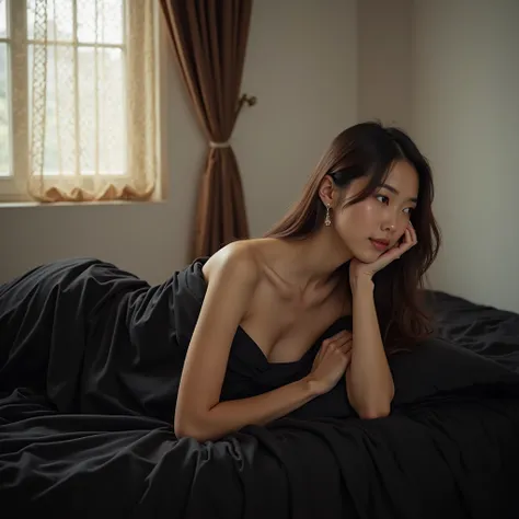 Photo of a beautiful Asian woman, almond-shaped eyes, bare face, fair skin, straight brown long hair. She is lying sideways on a black bed, a black blanket wrapped around her body, partially revealing her bare upper breasts. Her body is slender, medium-siz...