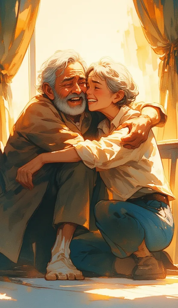 watercolor painting of a kneeling man crying in the embrace of an old woman. the kneeling man is crying. the old woman is seated on a chair, she is smiling warmly, hugging the kneeling man. full body shot of the two people. warm glow surround them. waterco...