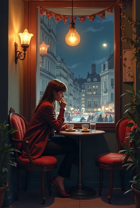 The woman before but now at night in a cafe in the city of Milan