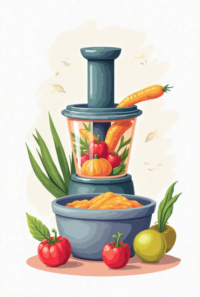 Create a vibrant vector illustration featuring a colorful arrangement of mortar and food processer with vegitables and meat inside it against a clean white background, with bold lines, geometric shapes, and subtle textures, highlighting the precision and f...