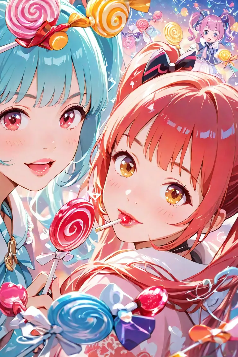  lollipop candies　 illustrations　twintails　Hair color is red