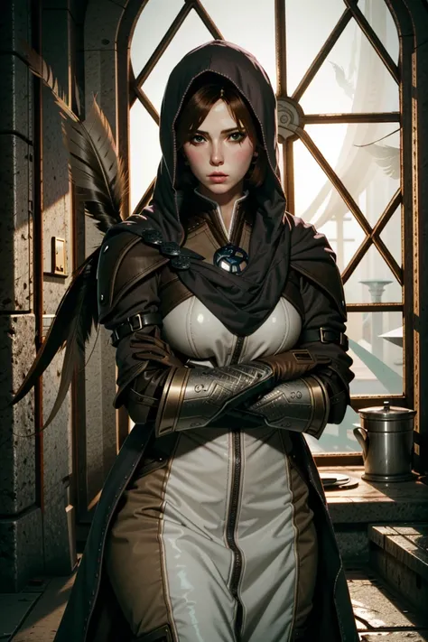 (masterpiece, best quality)
LelianaDA,  1girl, solo, looking at viewer, blue eyes, brown hair, gloves, weapon, hood, cape, lips, blood, bird, crossed arms, feathers, cloak, brown gloves, realistic, hooded cloak, breast grab, blushing, struggling, "ah" soun...