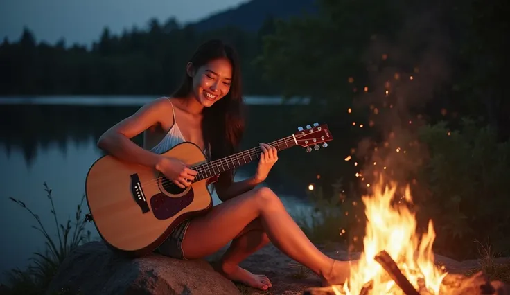 one beautiful Asian women playing acoustic guitars in a nighttime outdoor setting. woman has long hair, wears a white spaghetti strap top and denim shorts, and sits on a rock, happily playing her acoustic guitar with a smile. surrounded by darkness with a ...