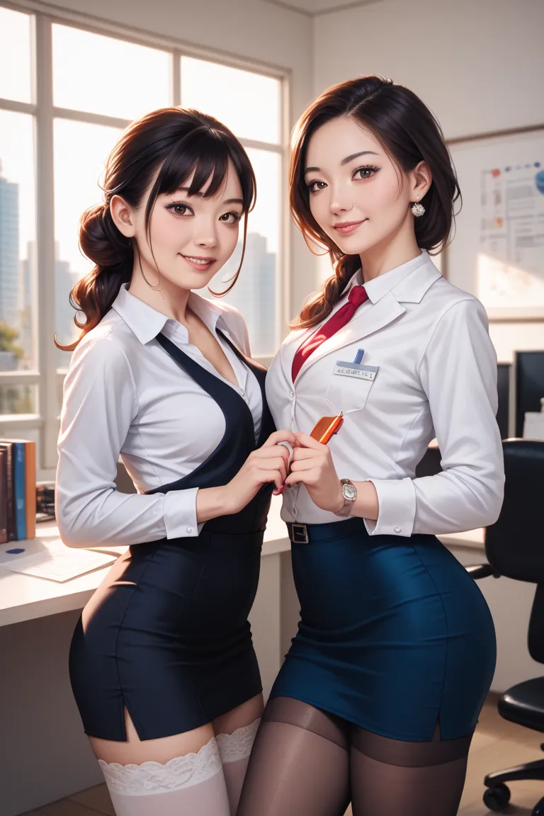 2 Asian women. 1 is sweet and cute, with white stockings. 1 is a cool professional, with black stockings.