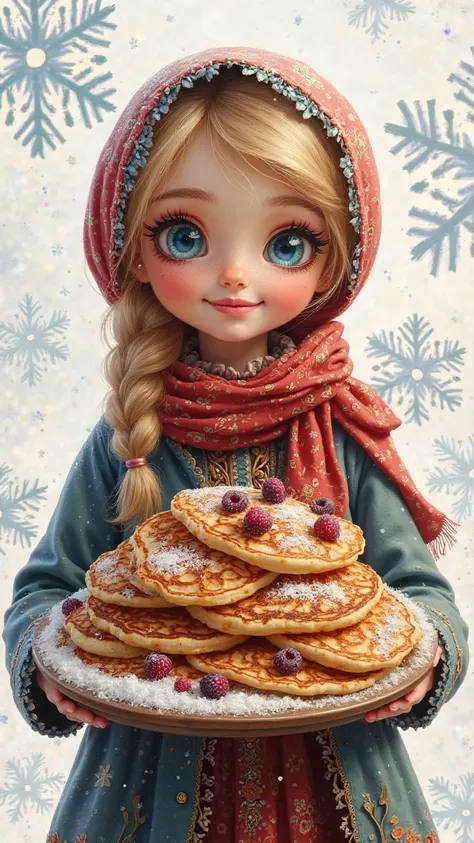 At the front. Хохлома. The style of Amate and alebrijes and Josephine Wall. Russian Russian blonde in a Russian headscarf in the style of Amate and alebrijes smiles and will hold a large cart with pancakes and berries. blue detailed eyes with fluffy eyelas...