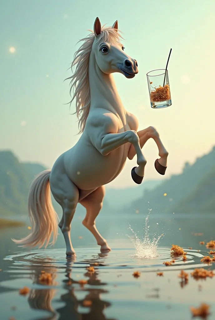 Make a horse that holds a glass of water on one leg and a straw of food on the other, make it animated 