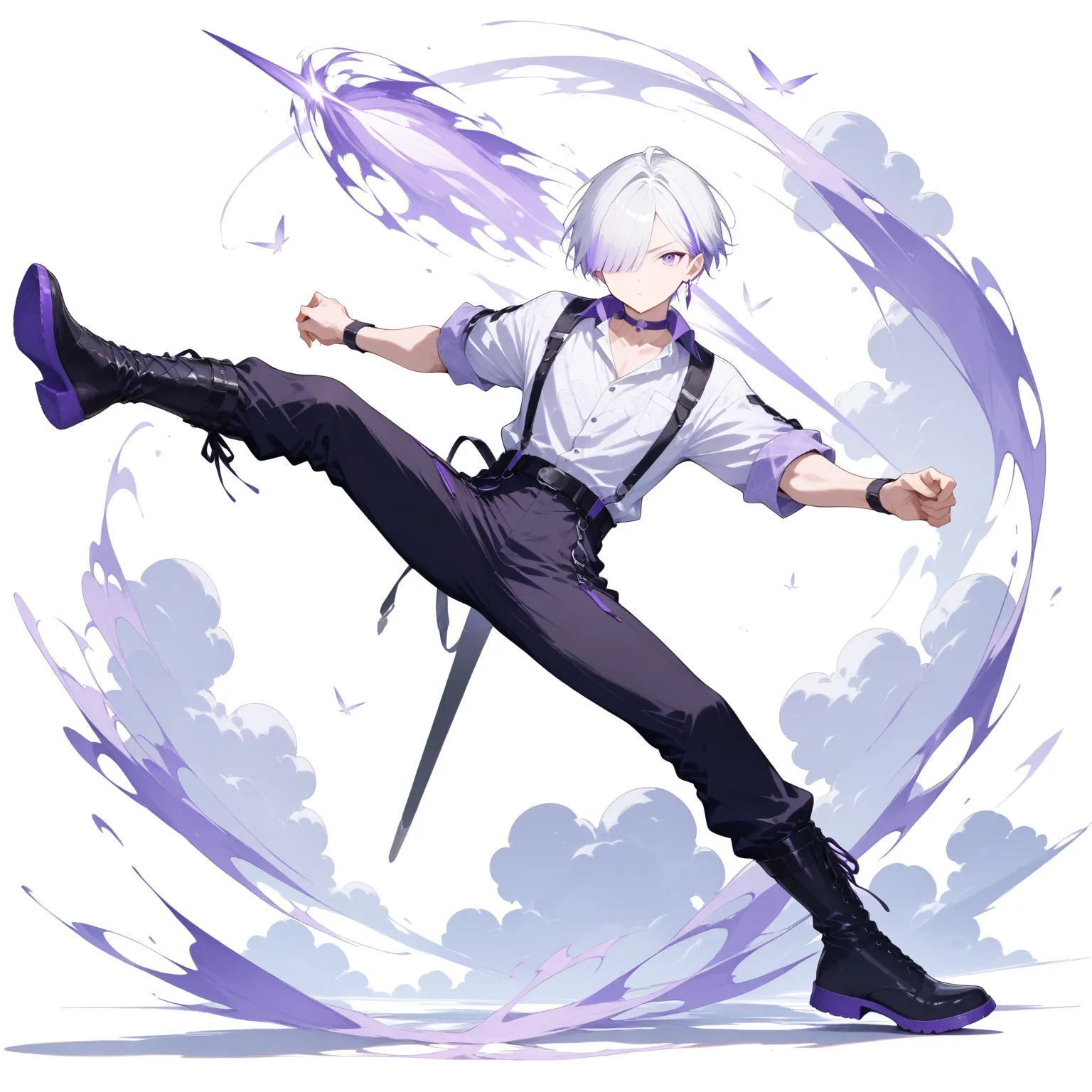 masterpiece, high score, great score, absurdres,
1boy, male focus, 20-yo, クモイエイテル, full body, toned,twink,white hair, side-parted, lilac highlights, hair over one eye,purple eyes, single purple earring/ (left ear/),light purple open-collar shirt, purple co...