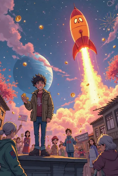  (Japanese Anime Ghibli Studio Style):  
"A chaotic yet whimsical cosmic celebration rendered in the hand-drawn, vibrant style of Studio Ghibli, with lush, detailed backgrounds and a serene yet electrifying atmosphere. Center stage: Jax, a rugged everyman ...