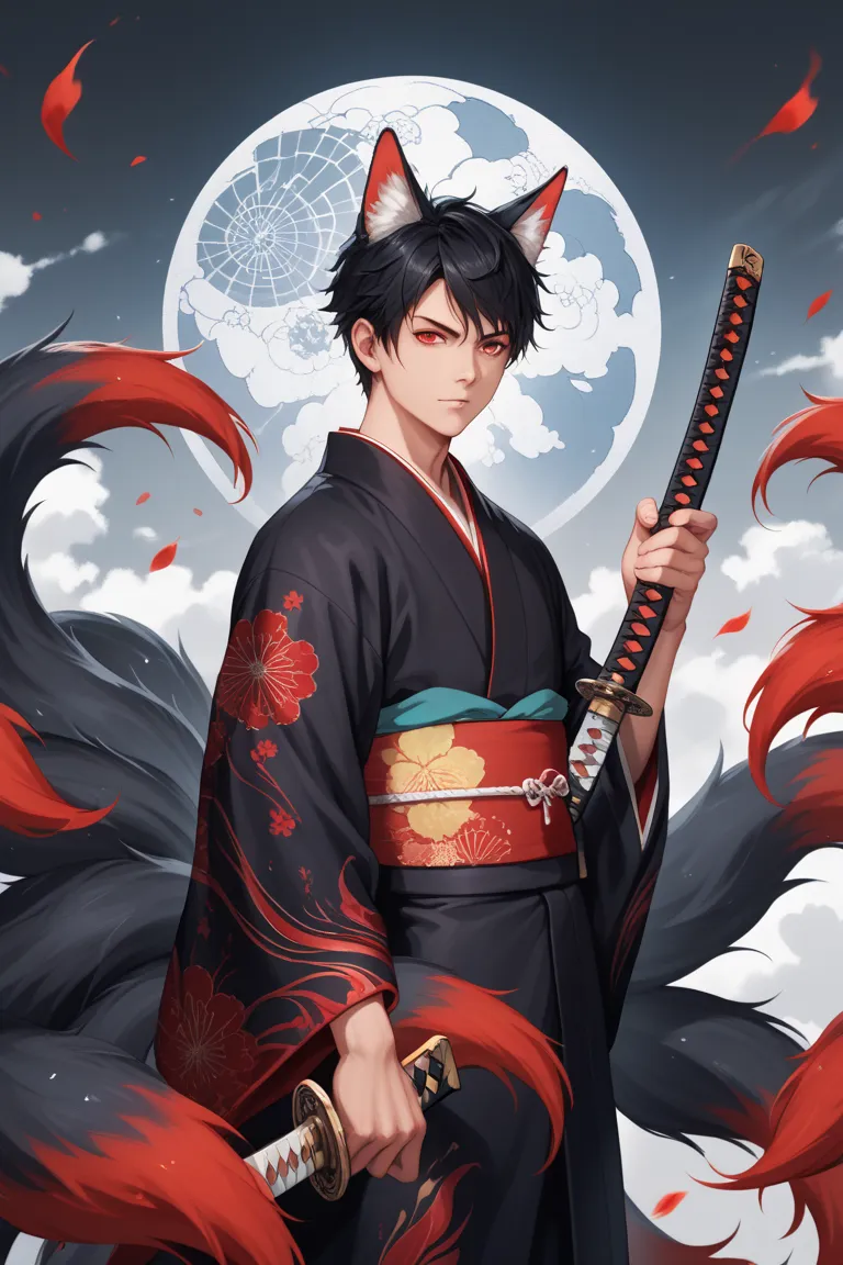 Ryomen sukuna, no tattoos, black hair, red eyes, katana, nine tails fox, fox ears, male