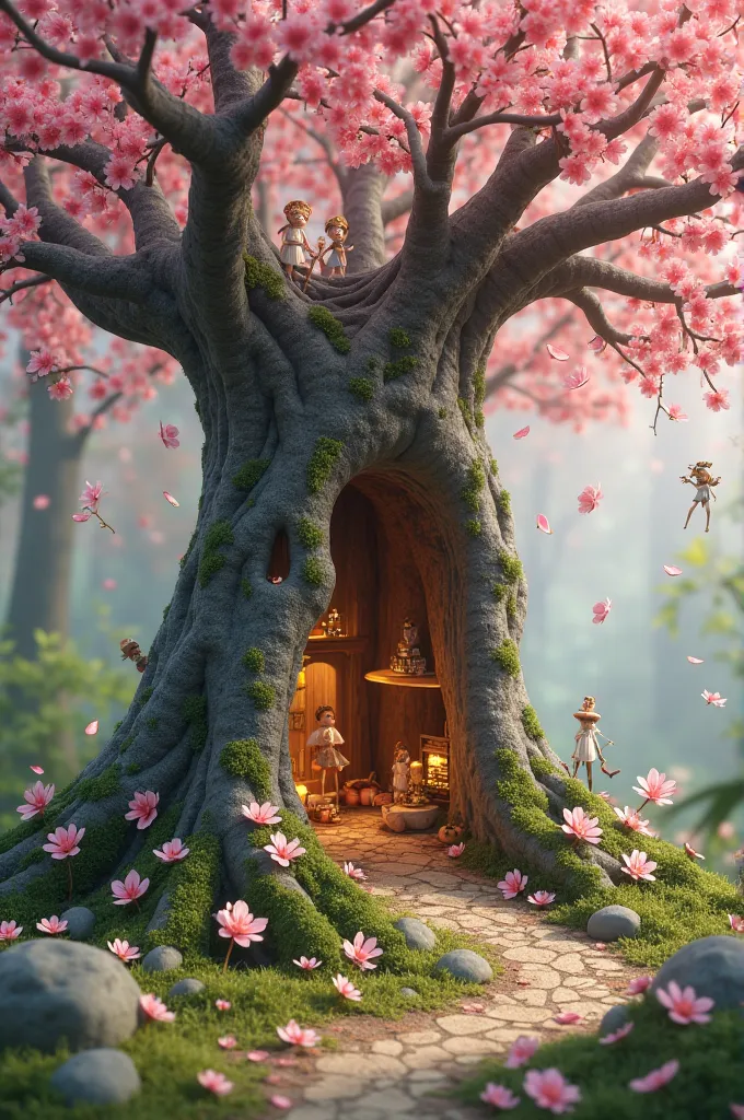 Hollowed out cherry blossom tree being ised as fairy home
