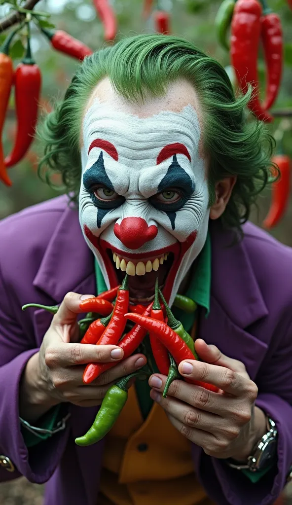 "A creepy clown character with a white-painted face, red eyeshadow, and a wide, exaggerated grin showing sharp teeth. The clown has green slicked-back hair and wears a purple suit with a green shirt. He is holding and aggressively stuffing multiple red and...