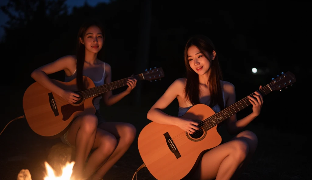 one beautiful Asian women playing acoustic guitars in a nighttime outdoor setting. woman has long hair, wears a white spaghetti strap top and denim shorts, and sits on a rock, happily playing her acoustic guitar with a smile. surrounded by darkness with a ...