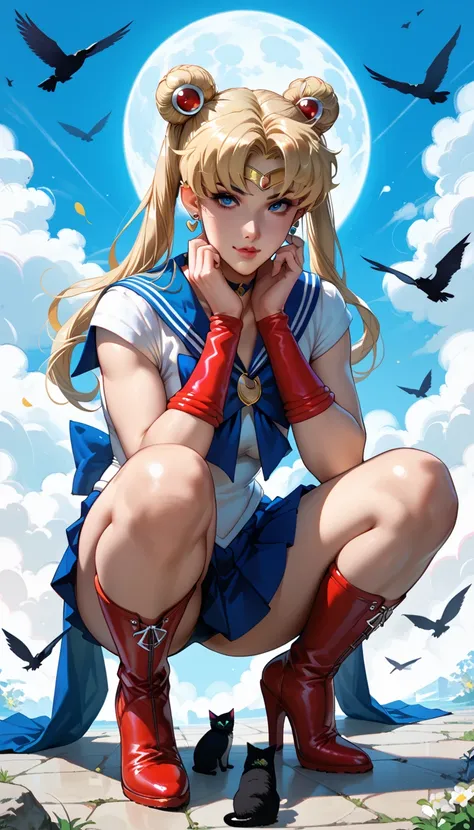 sailor moon ,  long blonde hair , piercing blue eyes, squatting, front view, perreo, full body, blue miniskirt, Red boots, , , voluptuous body,  on the Moon, gato grande negro , black cat in the legs,