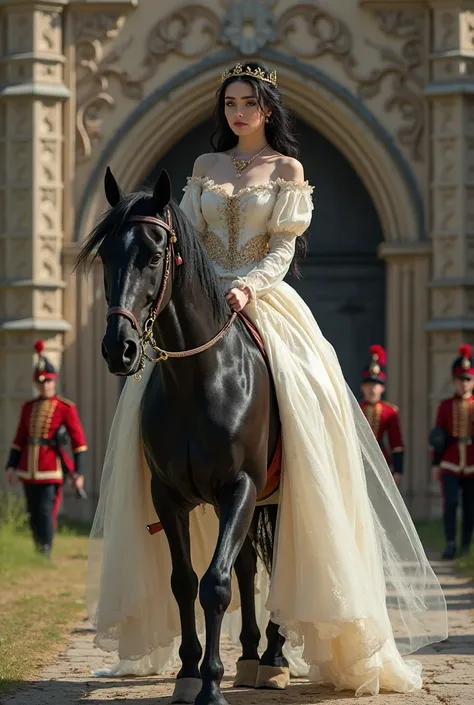 Black-haired princess with emerald eyes white skin European features, riding back at the entrance of his castle, watching with amazement and mischief, She's wearing a beautiful white medieval dress, And red roses in your hands, Your horse is black, And the...