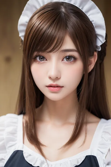 highest quality, masterpiece, 8k, faceup,Ultra-high resolution, (Realistic: 1.4), 1 girl, Beautiful Face, Symmetrical eyes, big, Perfect Body Proportions, ((Long Hair))、((Brown Hair:1.5)), Maid、((ゴスロリ風Maid服:1.4)), Viewer&#39;sight, ((Coffee shop、Blurred Ba...