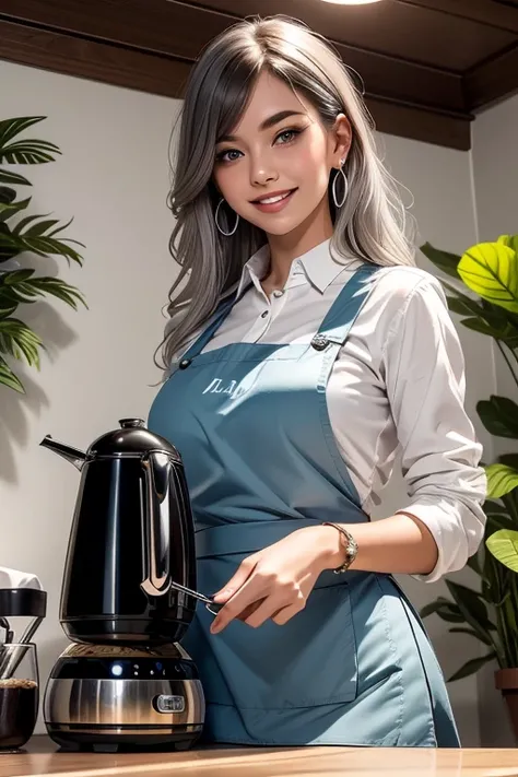 (from below:1.4),((1girl, silver hair, long hair, qutel blue eyes, beautiful eyes, pretty smile:1.5, ), coloring watercolor digital pencil ,Cherry blossoms falling,an animated painting of a woman in an apron standing at a coffee maker, 1girl, brown hair, s...