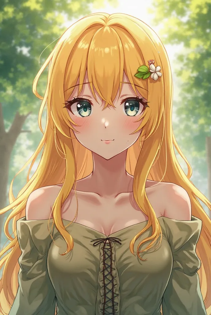 An anime girl with yellow hair and is very sexy with a beautiful and soft coat. She has an interesting texture. Her skin is clean. She is the goddess of the orchard and looks at weak people as arrogant and arrogant garbage