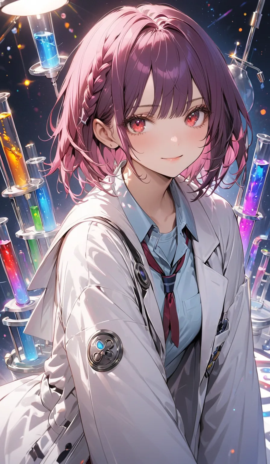 8k resolution, masterpiece, masterwork, perfect proportion, semi-realistic, science fantasy, 1girl, mad scientist, small face, red eyes, mad purple short hair:1.3, asymmetrical hairstyle with straight-cut bangs, one side long braided while the other side i...