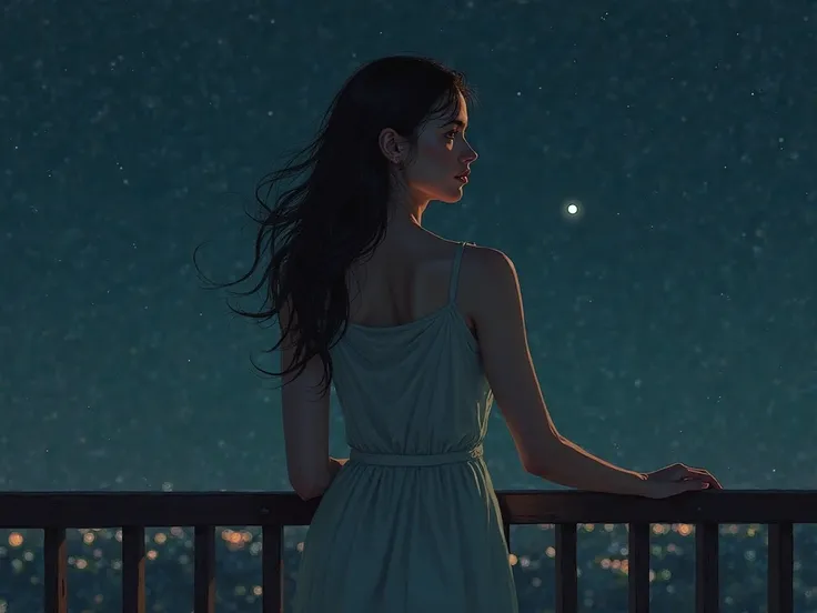 A woman standing alone on a quiet, moonlit balcony, her gaze lost in the distance. Her posture is soft, reflecting vulnerability, while a gentle breeze lifts her hair. The background shows a calm, dark sky, with stars scattered across it. There's a sense o...