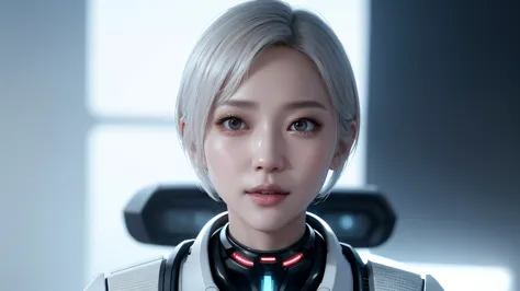 《Artificial Intelligence Role 》。（（（ virtual character design：Cardiologist 。woman，20 years old， white short hair，Exquisite appearance ，Beautiful Makeup，Skin Details，smile）））。（（white tech nurse））。(( cyberpunk person )), illumination,  Light and Shadow , octa...