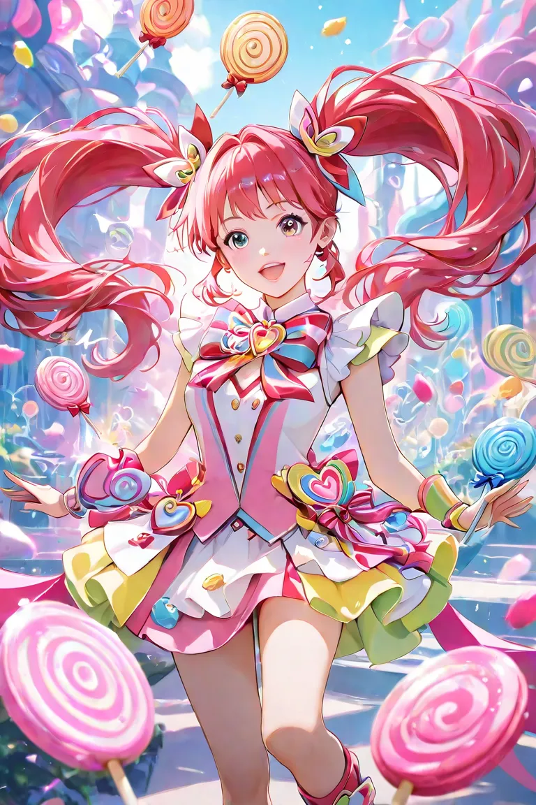  lollipop candies　 illustrations　twintails　Hair color is red　20th Generation　 idol