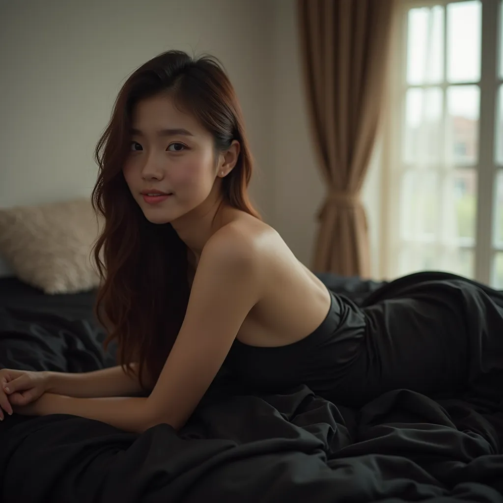 Photo of a beautiful Asian woman, almond-shaped eyes, bare face and no makeup, fair skin, straight brown long hair. She is lying sideways on a black bed, a black blanket wrapped around her body, partially revealing her bare upper breasts. Her body is slend...