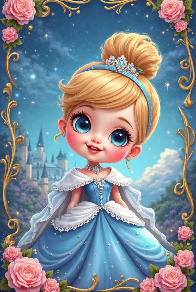 Create a cover for a notebook with a well-decorated cartoon baby princess Cinderella