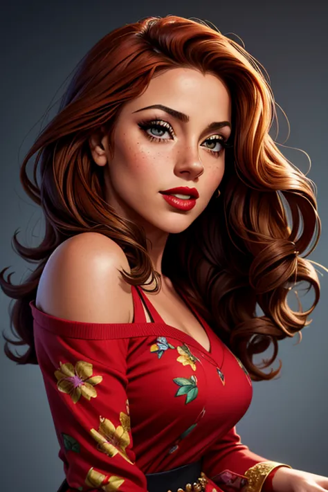 A waist-up portrait of a beautiful female of mixed Irish and Latinx ancestry. Her facial features are a combo of Shakira + Mariah Carey + Erin Kellyman + Gloria Estefan. The female has long, thick, and curly medium-auburn hair that hangs loose about her sh...