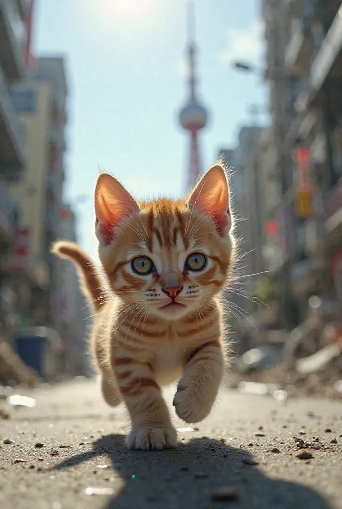  The cutest brown tiger pattern kitten in the world running on the streets of Tokyo that have been weathered and turned into ruins、tsunami from behind ((Realistic:1.3))、Bright sunlight、The sky is clear 、 collapsed buildings and weathered Tokyo Tower 