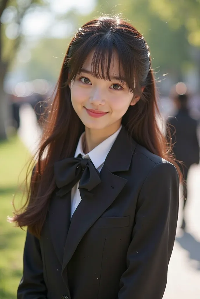 Long-haired brunette woman，Japanese school uniform， Very thin ，Beautiful face, very young, like Aragaki Yui，Wearing ultra-thin black silk，The background is the square， Sunny，The light sign behind the smile 