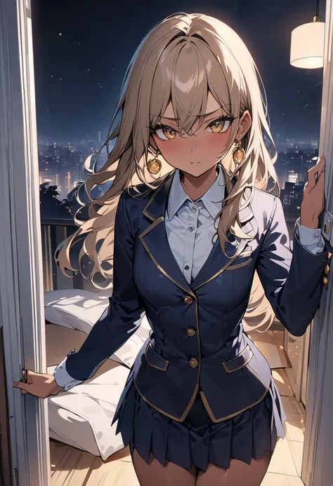 ((Greatest Masterpiece,super high quality:1.2)),(super resolution),(solo),cowboy shot,night,Slender, small-breasted high school girl standing by the window of her apartment, healthy tan skin , beautiful face,Light brown long hair,perfect golden eyes,stares...