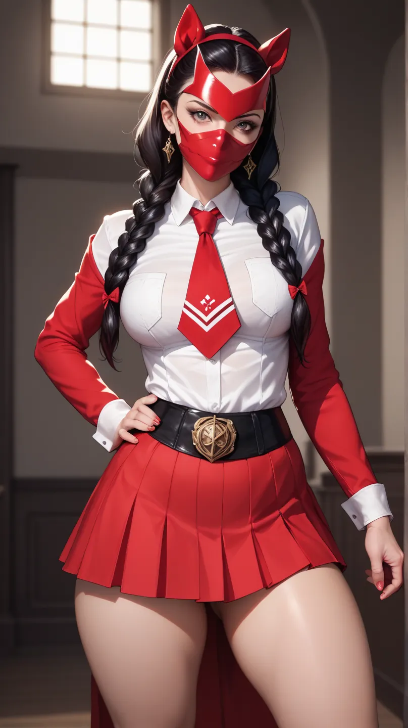 Cammy White black hair in front tie red skirt two long braids big thighs red mask 