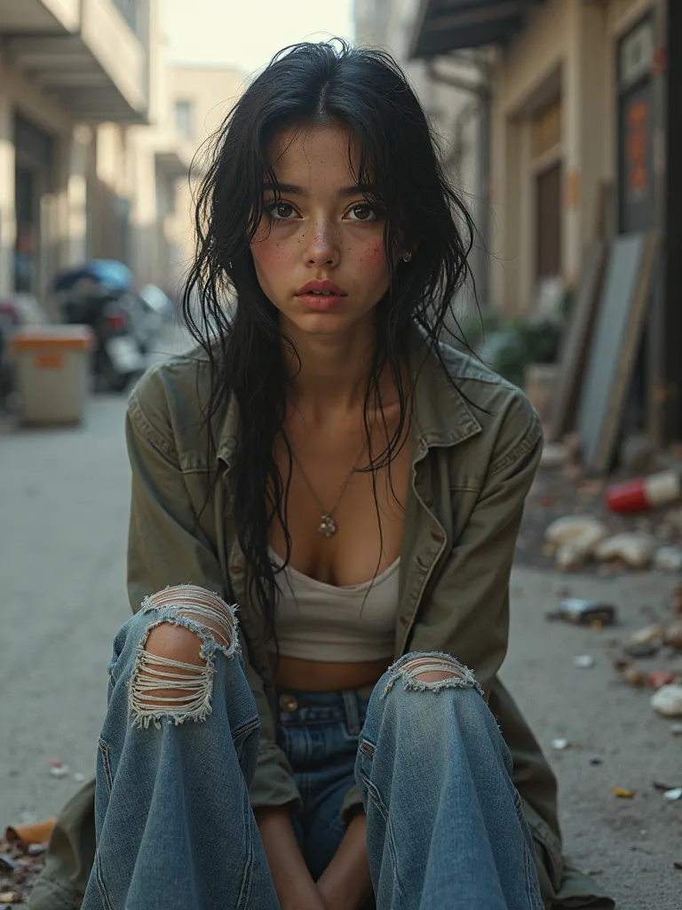 Very beautiful and cute woman, Hungry homeless women live on the street with dirty Mega-Flare jeans