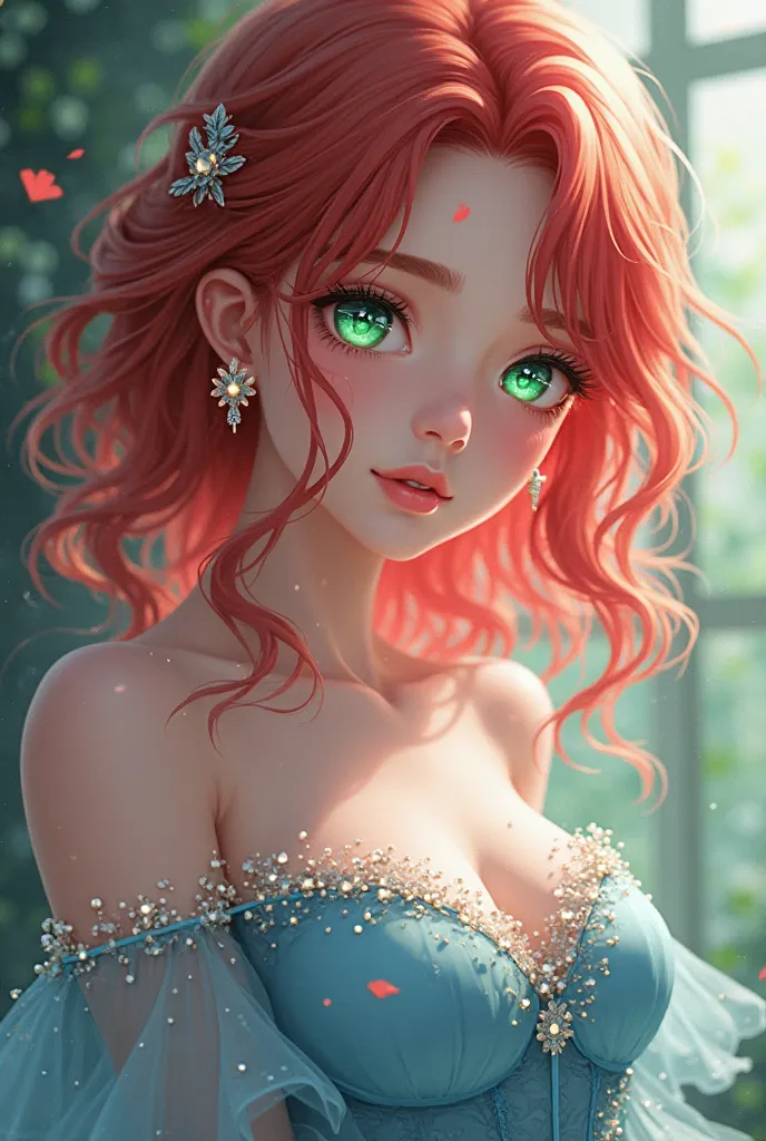 Anime girl with slightly wavy bright red hair,with emerald green eyes and an elegant blue dress