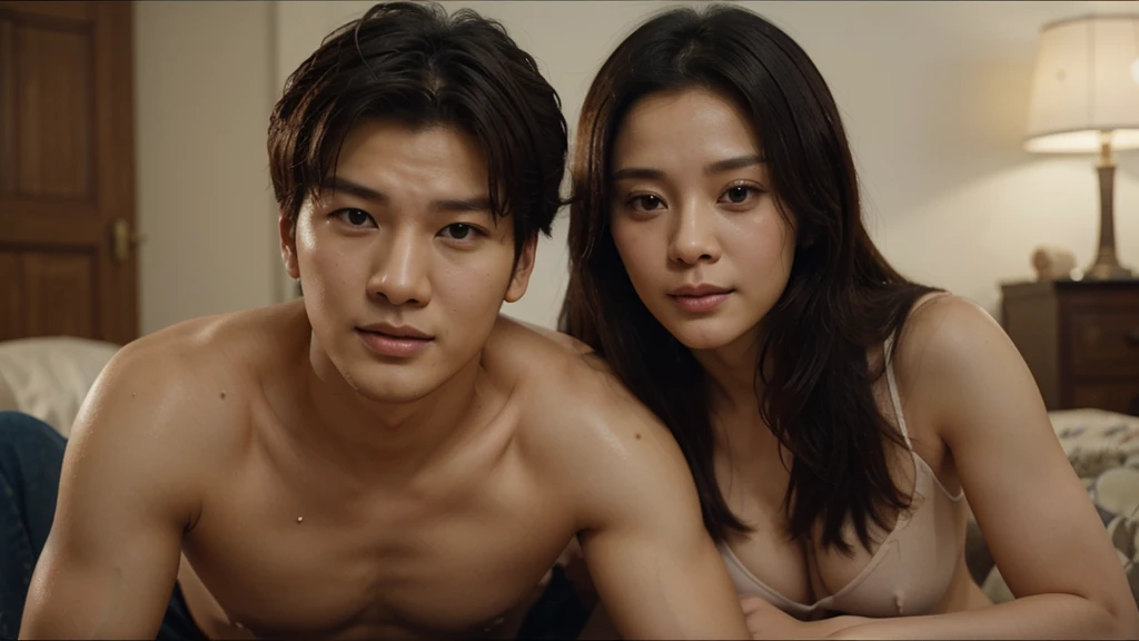 Korean 20 year old handsome brother holding Japanese 20 year old beauty face behind woman behind close up camera,  Great scene from the movie   ,  Film Screenshot , Lee Min-ho, Song Ji Hyo， Film Screenshot ,  Movie Scenes, Movie Scenes沖涼房, Electric section...