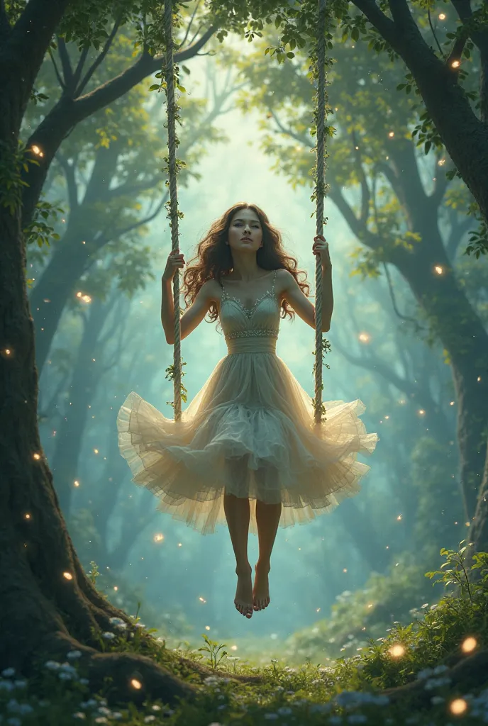 A girl swing in a swing in a enchanted dress and forest like a beautiful girl a night beautiful  