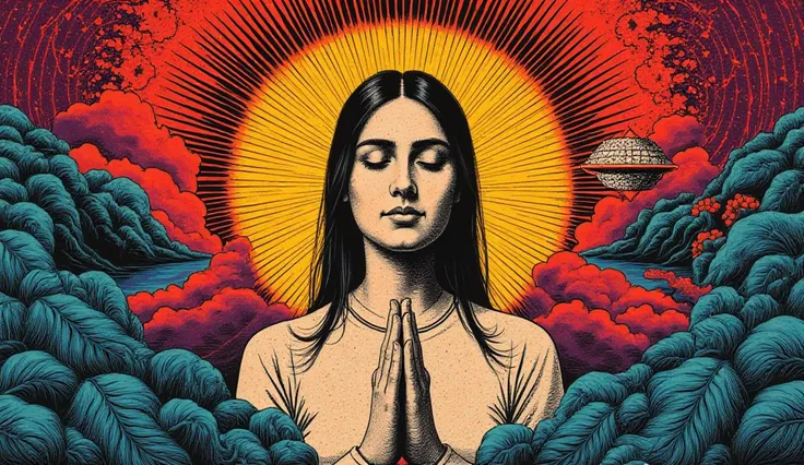  Create the image of a woman praying with a hopeful and happy countenance

horror cósmico psicodélico, por Hiroshi Nagai, paul laffoley , mystical, visuais sobrenaturais, ilustração psicodélica, olho místico, olhos vazios, arte psicodélica, colorfull

