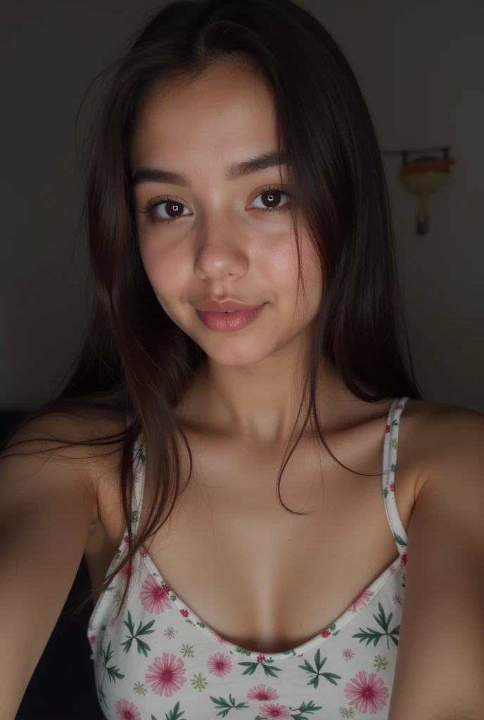 A 15 y.o Natural Colombian Average busty Young girl with, Pale white skin, Skin with imperfections and moles, straight hair,Middle, With Topless busty and Pajamas, taking a selfie. (Selfie characteristics: grainy, low quality, Low lighting, dark, Raw, blur...