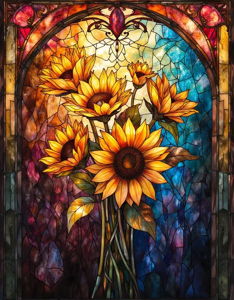 a painting of sunflowers in a stained glass window, sunflower stained glass, stained glass art, crystallic sunflowers, stained glass style, sunflowers, colors: yellow sunflowers, colors : yellow sunflowers, stained glass!!, paint-on-glass painting, sunflow...